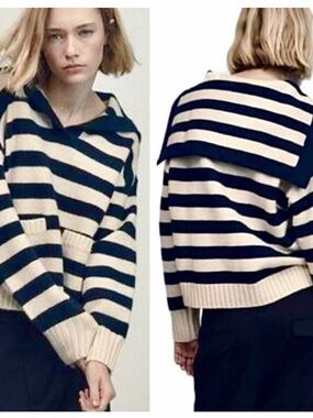 Zara Striped Navy and Cream Sailor Collar Sweater